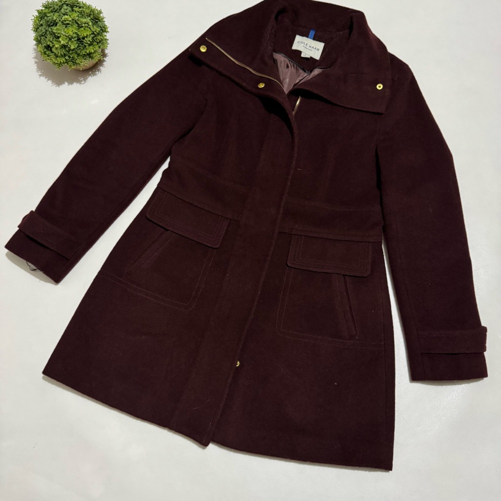 Cole Haan Red Maroon Wool Blend Pleated Classic Winter Pea Coat‎ Women’s Size 6